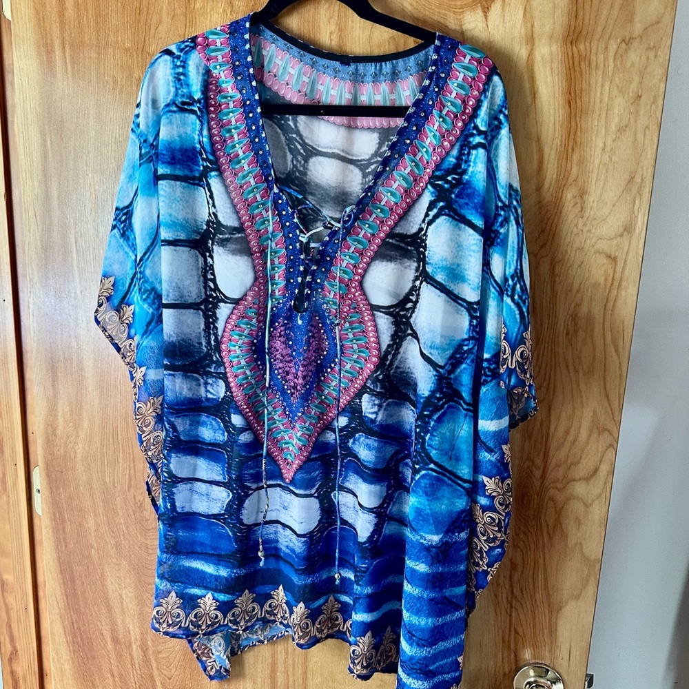 Blue Tunic Sheer Top with Embellished Neckline-XL